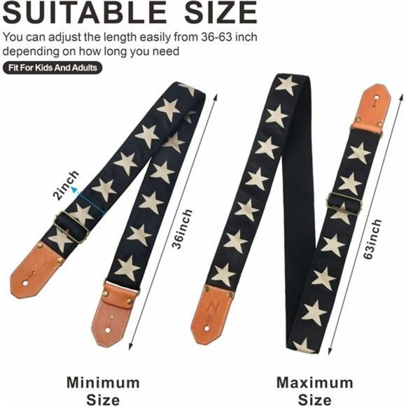 Woven Guitar Strap Cotton Adjustable Leather Ends Pick Pocket Star Pattern - Picture 3 of 7
